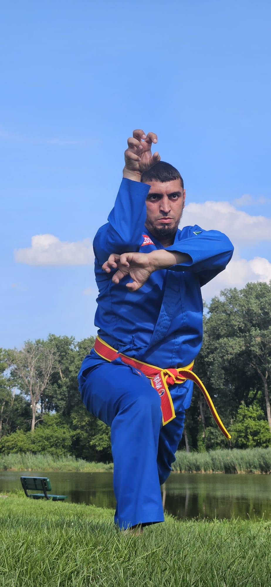 Crane stance — knee raised, hands forward against the open sky