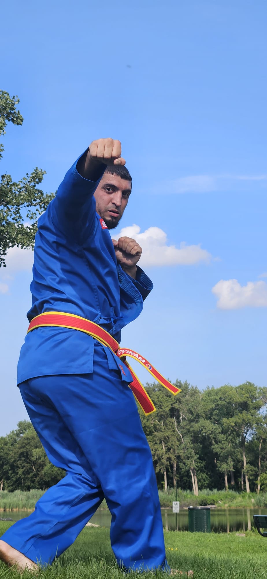Turning into a spinning backfist by the water