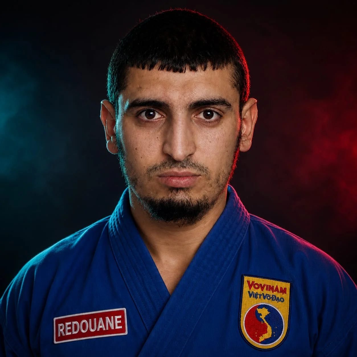 Studio portrait of Master Redouane Guendouzi in his blue Vovinam gi